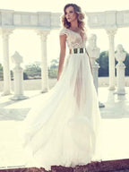 A-Line/Elegant V-neck Short Sleeves Lace Floor-Length Chiffon Prom Dresses by misshow.com