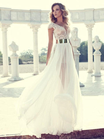 A-Linie/Elegant V-Ausschnitt Kurze Ärmel Spitze Bodenlang Chiffon Abiballkleider