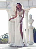 A-Line/Elegant V-neck Short Sleeves Lace Floor-Length Chiffon Prom Dresses by misshow.com