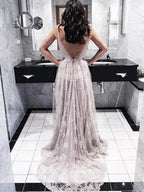 A-Line/Elegant V-Neck Sleeveless Applique Lace Prom Dresses by misshow.com