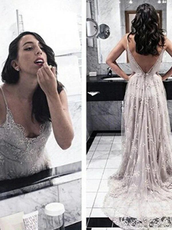 A-Line/Elegant V-Neck Sleeveless Applique Lace Prom Dresses by misshow.com