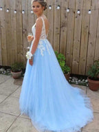 A-Line/Elegant V-neck Sleeveless Applique Tulle Prom Dresses by misshow.com