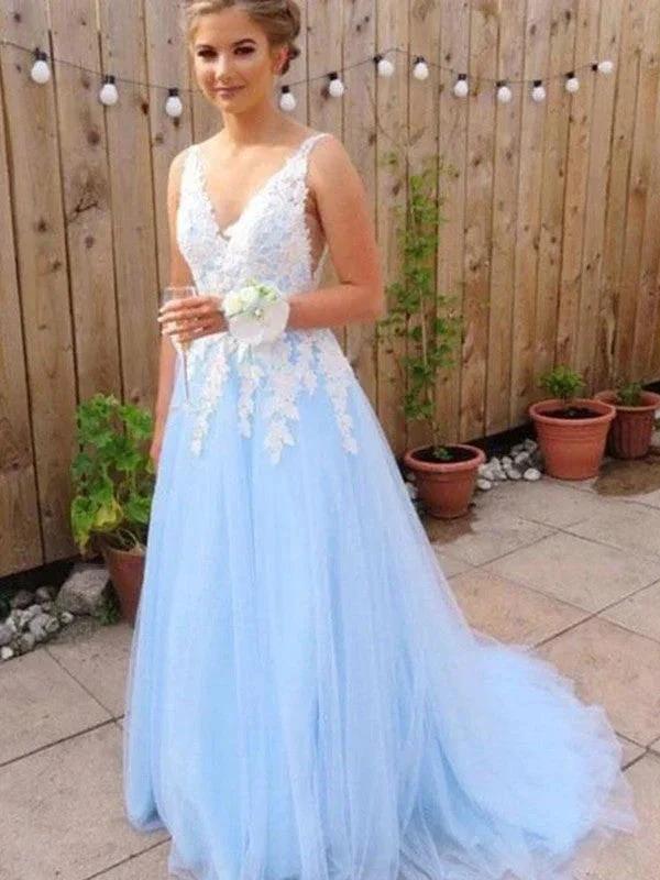 A-Line/Elegant V-neck Sleeveless Applique Tulle Prom Dresses by misshow.com
