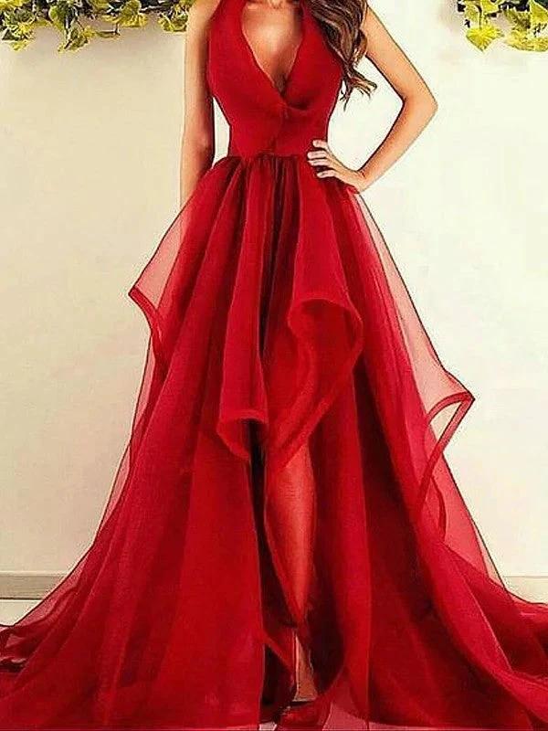A-Line/Elegant V-Neck Sleeveless Asymmetrical Ruffles Organza Prom Dresses by misshow.com