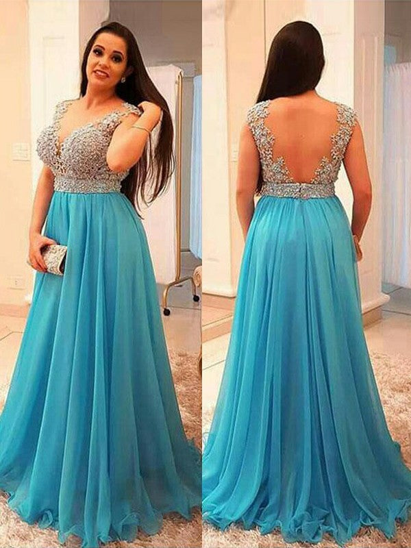 A-Line/Elegant V-neck Sleeveless Beading Floor-Length Chiffon Plus Size Prom Dresses Hover Image