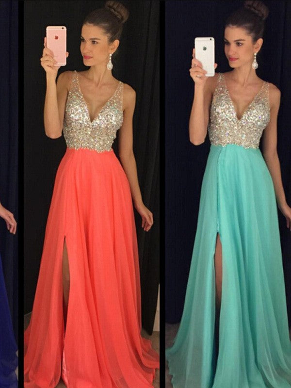 A-Line/Elegant V-neck Sleeveless Beading Floor-Length Chiffon Prom Dresses Main Image