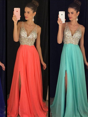 A-Linie/Elegant V-Ausschnitt Ärmellos Perlen verziert Bodenlang Chiffon Abiballkleider