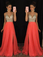 A-Line/Elegant V-neck Sleeveless Beading Floor-Length Chiffon Prom Dresses by misshow.com