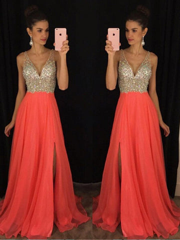 A-Linie/Elegant V-Ausschnitt Ärmellos Perlen verziert Bodenlang Chiffon Abiballkleider