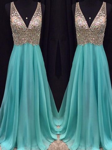 A-Linie/Elegant V-Ausschnitt Ärmellos Perlen verziert Bodenlang Chiffon Abiballkleider
