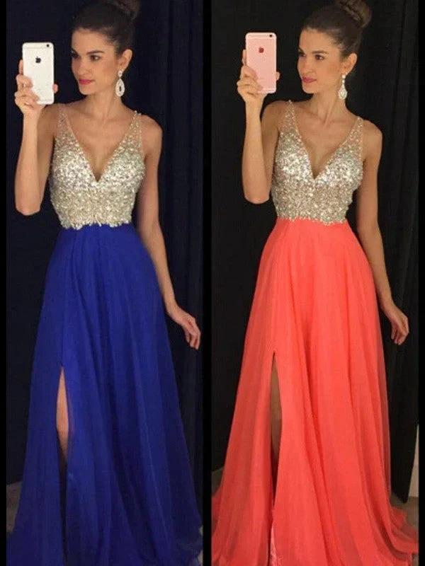 A-Line/Elegant V-neck Sleeveless Beading Floor-Length Chiffon Prom Dresses by misshow.com