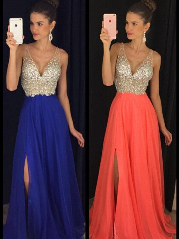 A-Line/Elegant V-neck Sleeveless Beading Floor-Length Chiffon Prom Dresses Hover Image
