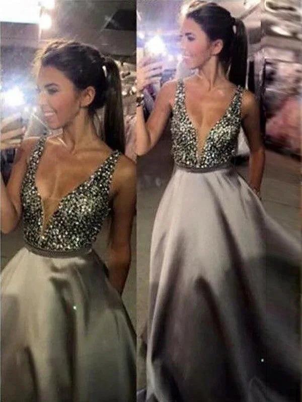 A-Line/Elegant V-Neck Sleeveless Beading Satin Prom Dresses by misshow.com
