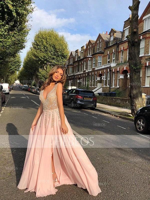 A-Line/Elegant V-Neck Sleeveless Beading Tulle Prom Dresses by misshow.com