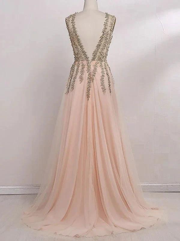 A-Line/Elegant V-Neck Sleeveless Beading Tulle Prom Dresses by misshow.com