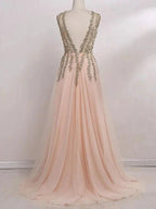 A-Line/Elegant V-Neck Sleeveless Beading Tulle Prom Dresses by misshow.com