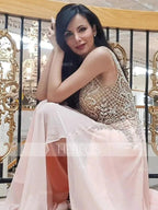 A-Line/Elegant V-Neck Sleeveless Beading Tulle Prom Dresses by misshow.com