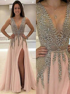 A-Line/Elegant V-Neck Sleeveless Beading Tulle Prom Dresses by misshow.com