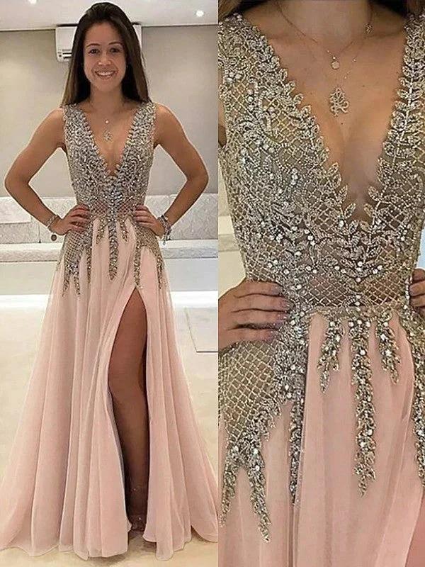 A-Line/Elegant V-Neck Sleeveless Beading Tulle Prom Dresses by misshow.com