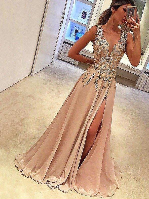 A-Line/Elegant V-neck Sleeveless Floor-Length Applique Silk like Satin Prom Dresses by misshow.com