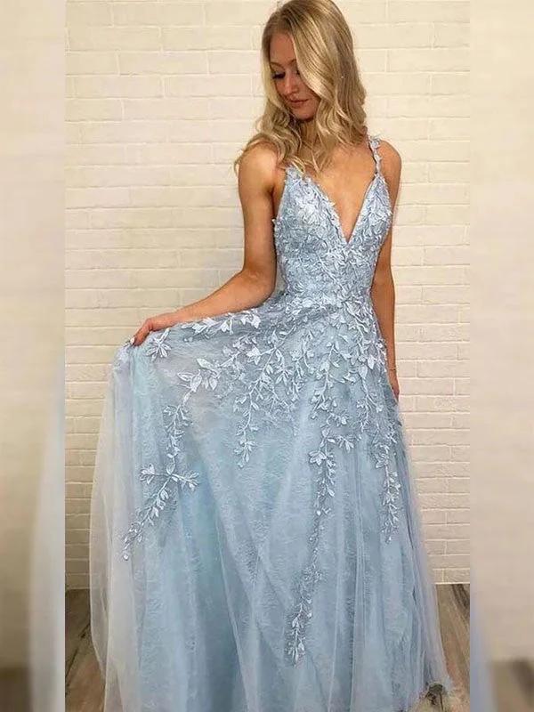 A-Line/Elegant V-neck Sleeveless Floor-Length Applique Tulle Prom Dresses by misshow.com