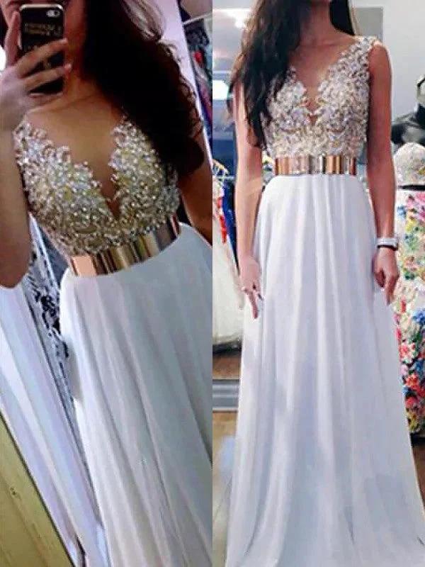 A-Line/Elegant V-neck Sleeveless Floor-Length Beading Chiffon Prom Dresses by misshow.com