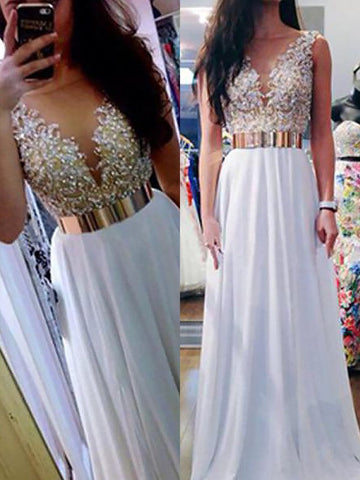 A-Linie/Elegant V-Ausschnitt Ärmellos Bodenlang Perlen verziert Chiffon Abiballkleider