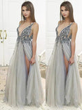 A-Line/Elegant V-Neck Sleeveless Floor-Length Beading Tulle Prom Dresses by misshow.com