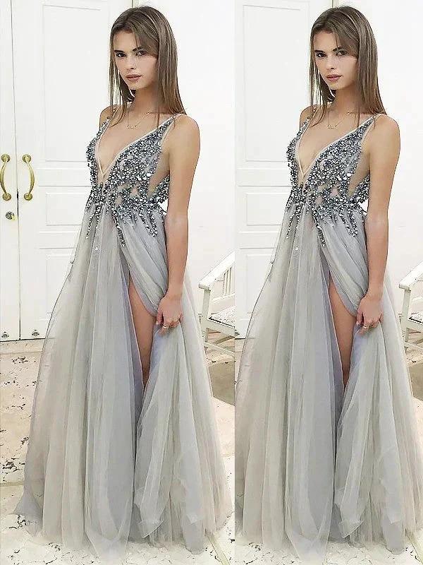 A-Line/Elegant V-Neck Sleeveless Floor-Length Beading Tulle Prom Dresses by misshow.com