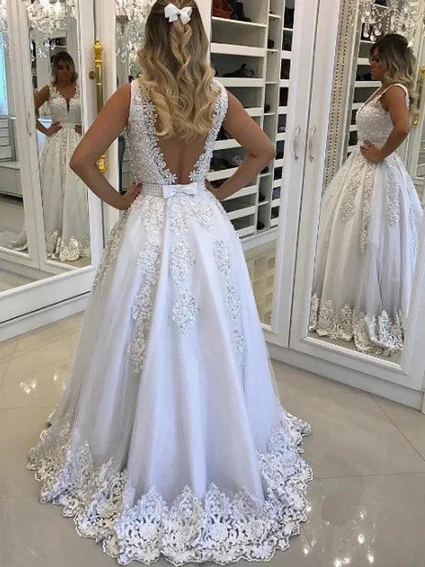 A-Line/Elegant V-Neck Sleeveless Floor-Length Lace Tulle Prom Dresses by misshow.com