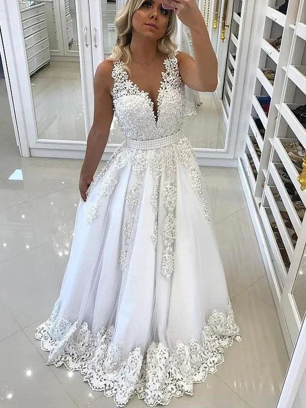 A-Line/Elegant V-Neck Sleeveless Floor-Length Lace Tulle Prom Dresses by misshow.com