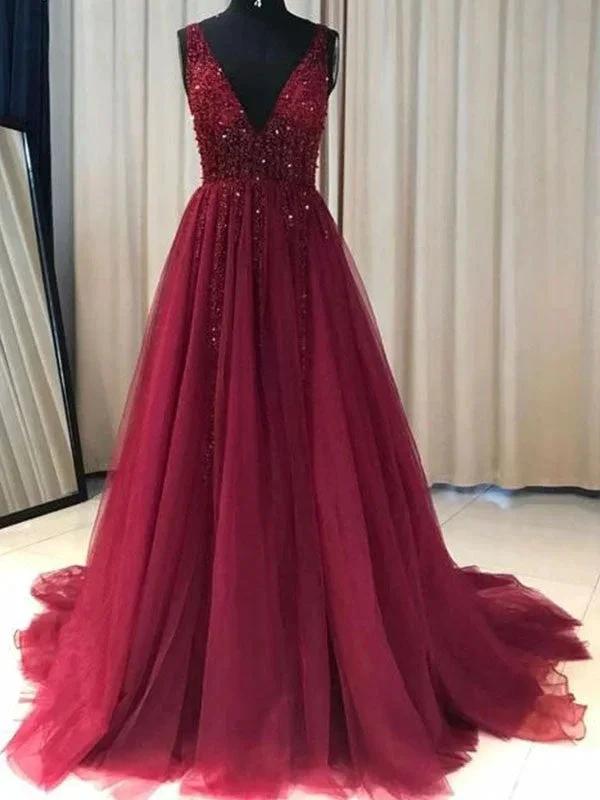 A-Line/Elegant V-neck Sleeveless Ruffles Tulle Prom Dresses by misshow.com
