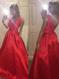 A-Line/Elegant V-Neck Sleeveless Satin Prom Dresses by misshow.com
