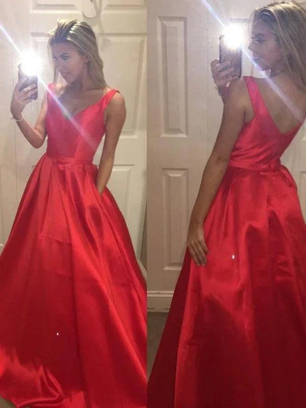 A-Line/Elegant V-Neck Sleeveless Satin Prom Dresses by misshow.com