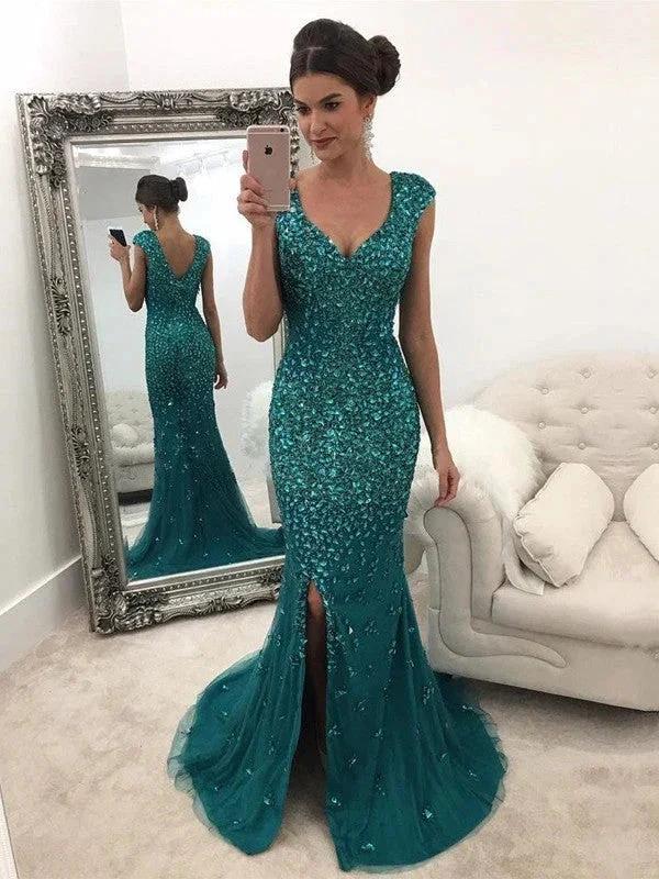 A-Line/Elegant V-Neck Sleeveless Sequin Tulle Prom Dresses by misshow.com