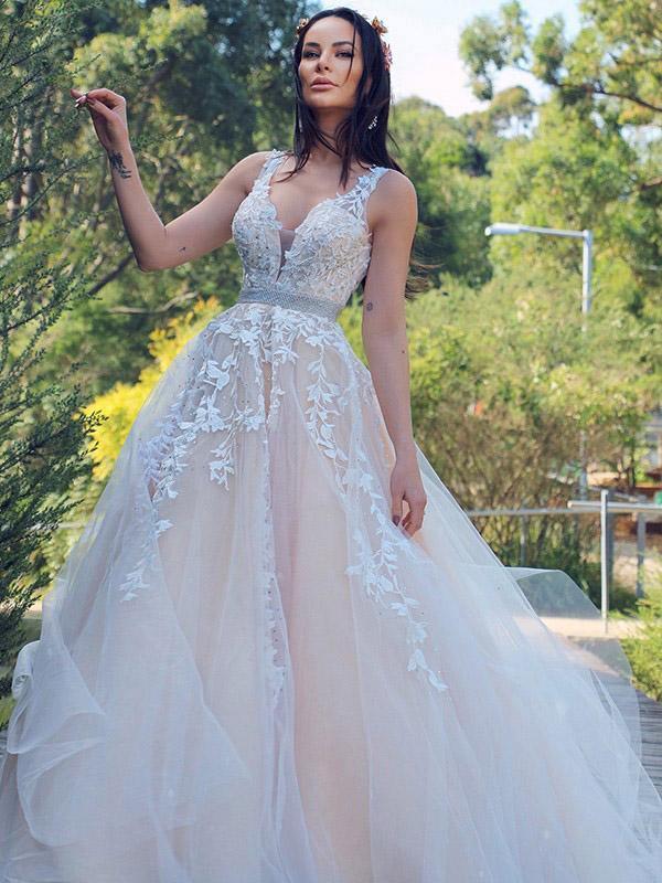 A-Line/Princess Applique Tulle Sleeveless V-neck Sweep Train Dresses WD537 Main Image