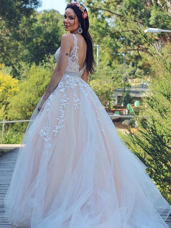 A-Line/Princess Applique Tulle Sleeveless V-neck Sweep Train Dresses WD537 by pgmdress