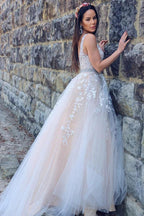 A-Line/Princess Applique Tulle Sleeveless V-neck Sweep Train Dresses WD537 by pgmdress
