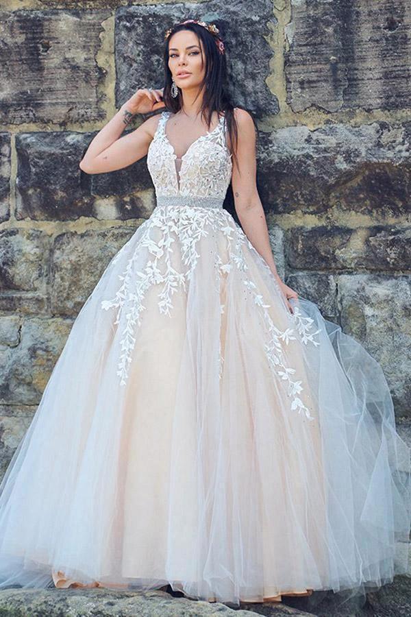 A-Line/Princess Applique Tulle Sleeveless V-neck Sweep Train Dresses WD537 by pgmdress