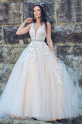 A-Line/Princess Applique Tulle Sleeveless V-neck Sweep Train Dresses WD537 by pgmdress