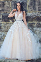 A-Line/Princess Applique Tulle Sleeveless V-neck Sweep Train Dresses WD537 by pgmdress