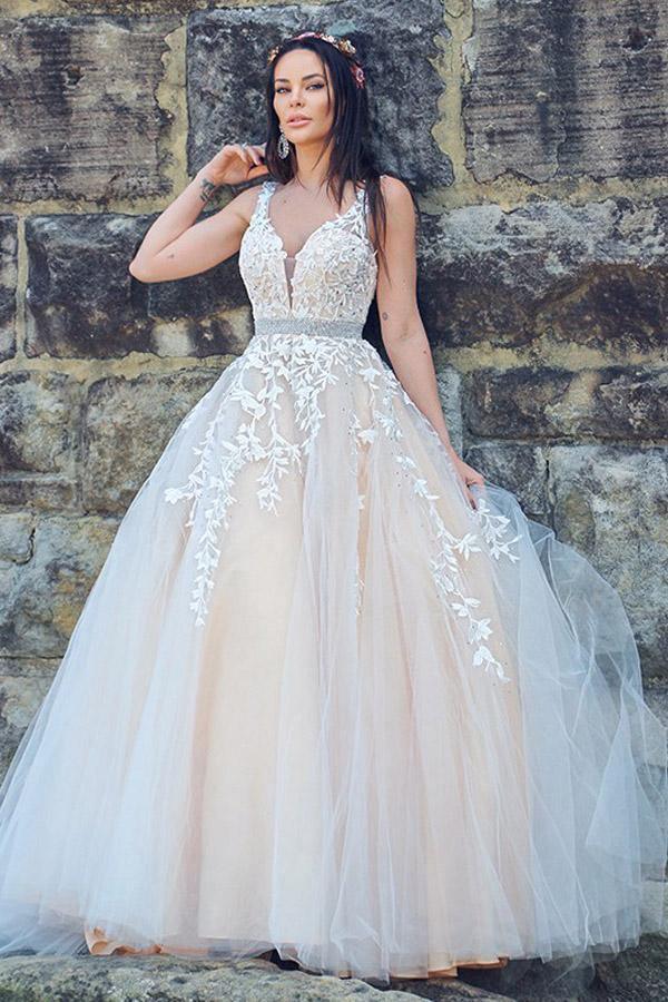 A-Line/Princess Applique Tulle Sleeveless V-neck Sweep Train Dresses WD537 Hover Image
