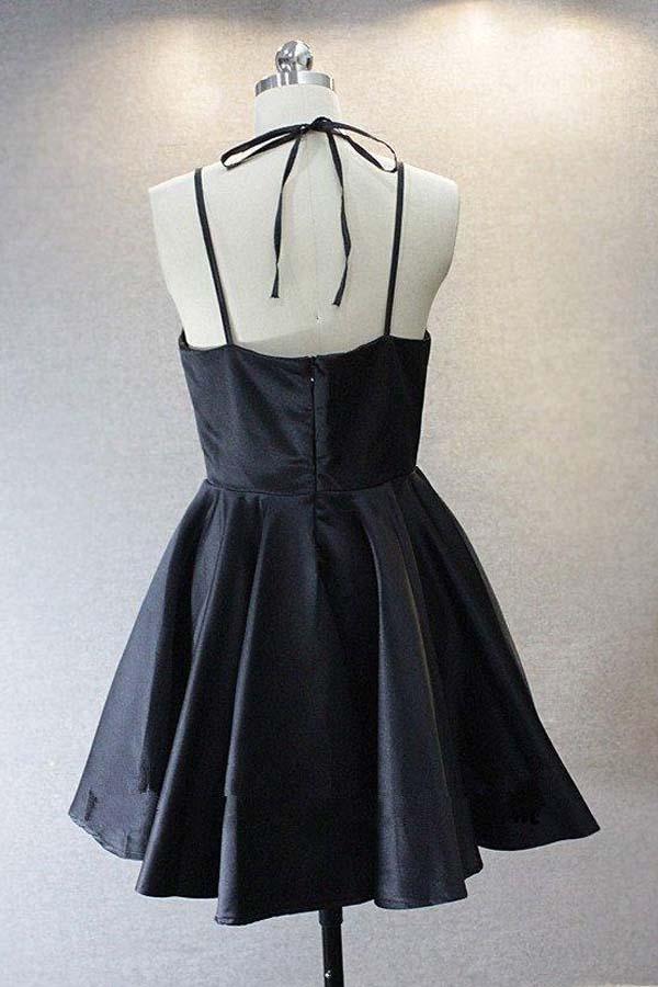 A Live V Neck Satin Short Black Prom Dress Homecoming Dresses  PD156 Main Image