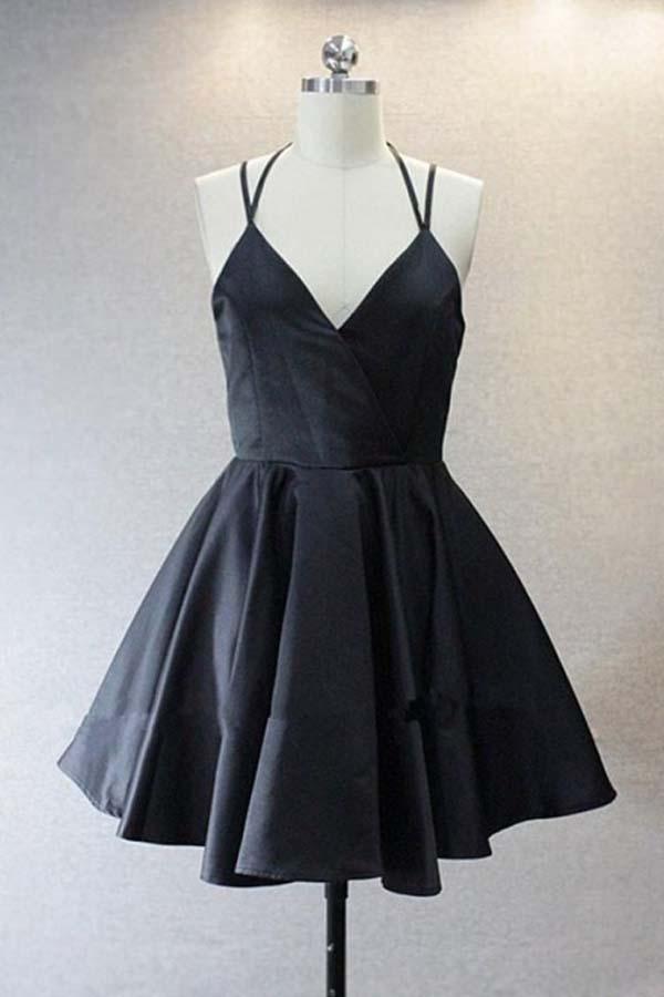 A Live V Neck Satin Short Black Prom Dress Homecoming Dresses  PD156 Hover Image