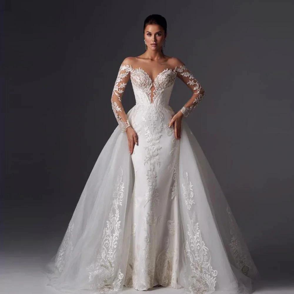 Loverxu Mermaid Vintage Wedding Dresses 2023 Sweetheart Long Sleeve Vestido De Novia Appliques Detachable Train Robe De Mariee by payinti