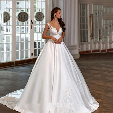 Boho Satin Brautkleider A-Linie Spitzenapplikationen Brautkleider Elegante V-Ausschnitt Prinzessin Hochzeitsfeierkleider 