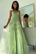 Sage Green V Neck Tulle A-Line Long Prom Dresses with Appliques by KissProm