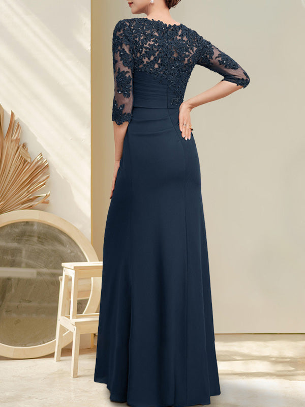 A-line Scoop Floor-Length Chiffon Lace Mother of the Bride Dress With Beading Pleated Sequins Main Image