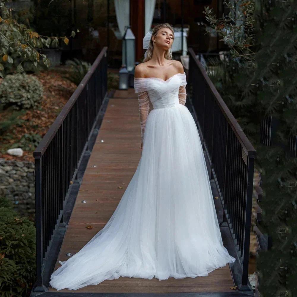 Simple Tulle Long Sleevees Wedding Dresses 2023 For Bridal Off Shoulder Backless A-Line Sweep Train Boho Vestido De Novia by payinti
