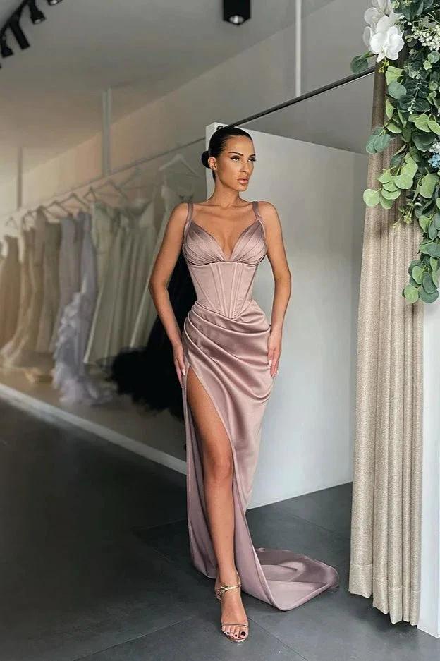 Spaghetti Straps Sleeveless V-Neck Split Prom Dress by BIZTUNNEL